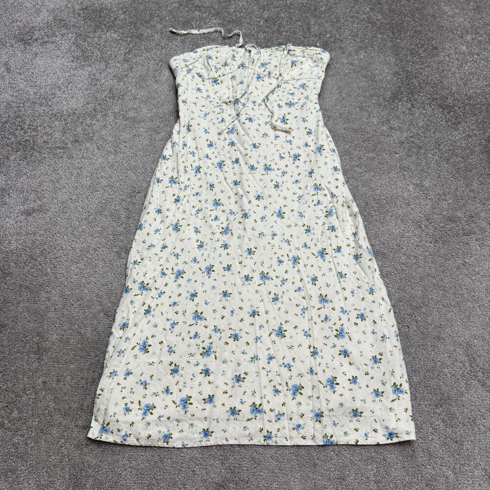 Wild Fable Floral Corset Midi Dress Womens Size 10 White Blue Linen Blend Boho